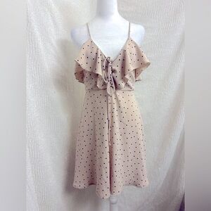 Beige Dress Showpo Size 6 Polka Dots Retro Ruffle Lace Up Bow Tie